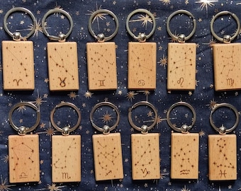 Perfect Zodiac gift: Zodiac Constellation keychain, pyrographed, handmade in Italy