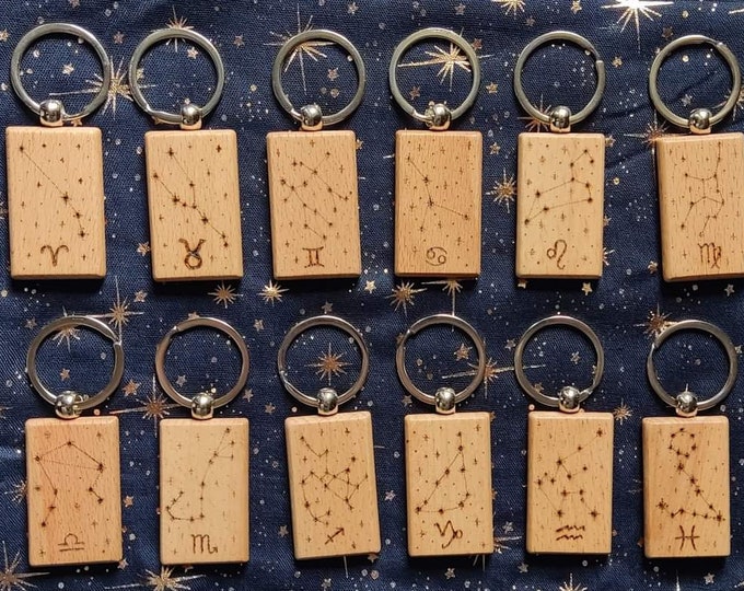 Perfect Zodiac gift: Zodiac Constellation keychain, pyrographed, handmade in Italy