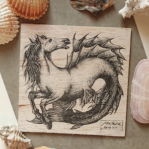 Kelpie-pentekening, origineel fantasiekunstwerk op hout