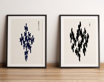 Set of 2 Abstract Japanese Art Traditional Woodblock Print Housewarming Gift Minimalist Vintage Antique Asian Painting Wall Decor Download