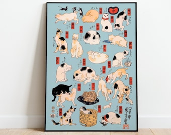 May include: A vintage Japanese woodblock print depicting 36 different poses of a calico cat. The print is on a light blue background with red and black accents. The Japanese text in the image reads "猫の画譜".