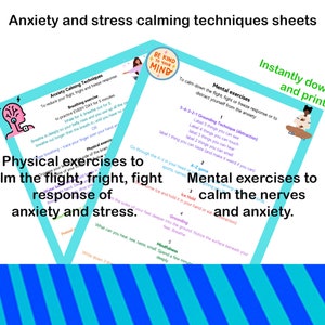 May include: A printable worksheet with calming techniques for anxiety and stress. The worksheet features a colourful design with the text "Anxiety and stress calming techniques sheets" at the top. The worksheet includes sections for breathing exercises, physical exercises, and mental exercises. The worksheet also includes a section for grounding techniques.