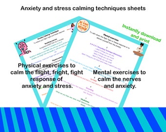May include: A printable worksheet with calming techniques for anxiety and stress. The worksheet features a colourful design with the text "Anxiety and stress calming techniques sheets" at the top. The worksheet includes sections for breathing exercises, physical exercises, and mental exercises. The worksheet also includes a section for grounding techniques.