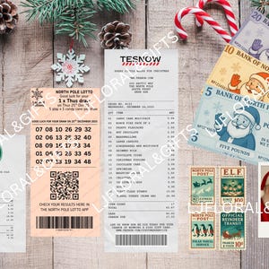 May include: A festive Christmas-themed arrangement featuring North Pole Lotto tickets, receipts, and whimsical banknotes. The scene includes candy canes, stamps, and a photo of Santa and Mrs. Claus, all set against a wooden backdrop.