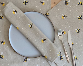 Bee napkins set of 2 or 4, bumblebee table linen for spring or summer dining or picnic