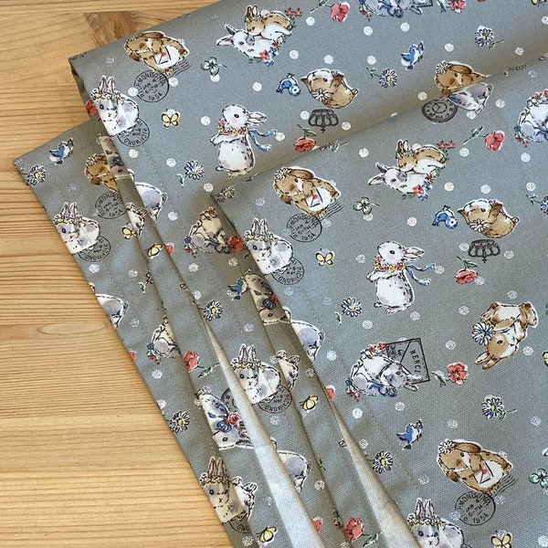 Cute bunny table runner in grey, rabbits and metallic polka dots, approx 1.5m long