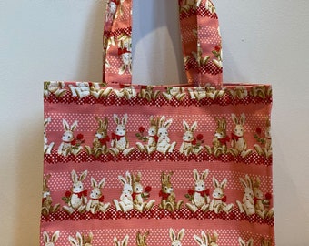 Rabbit print bag, reuseable gift bag in cute bunny pink fabric