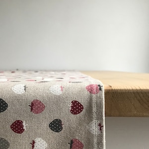 Strawberry table runner in modern pink and grey design ideal for spring or summer