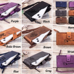 Leather Phone Wallet with Wristlet (Optional), Leather Purse Strap, Leather Clutch Bag, Phone Purse Bag, Personalized Leather Phone Wallet