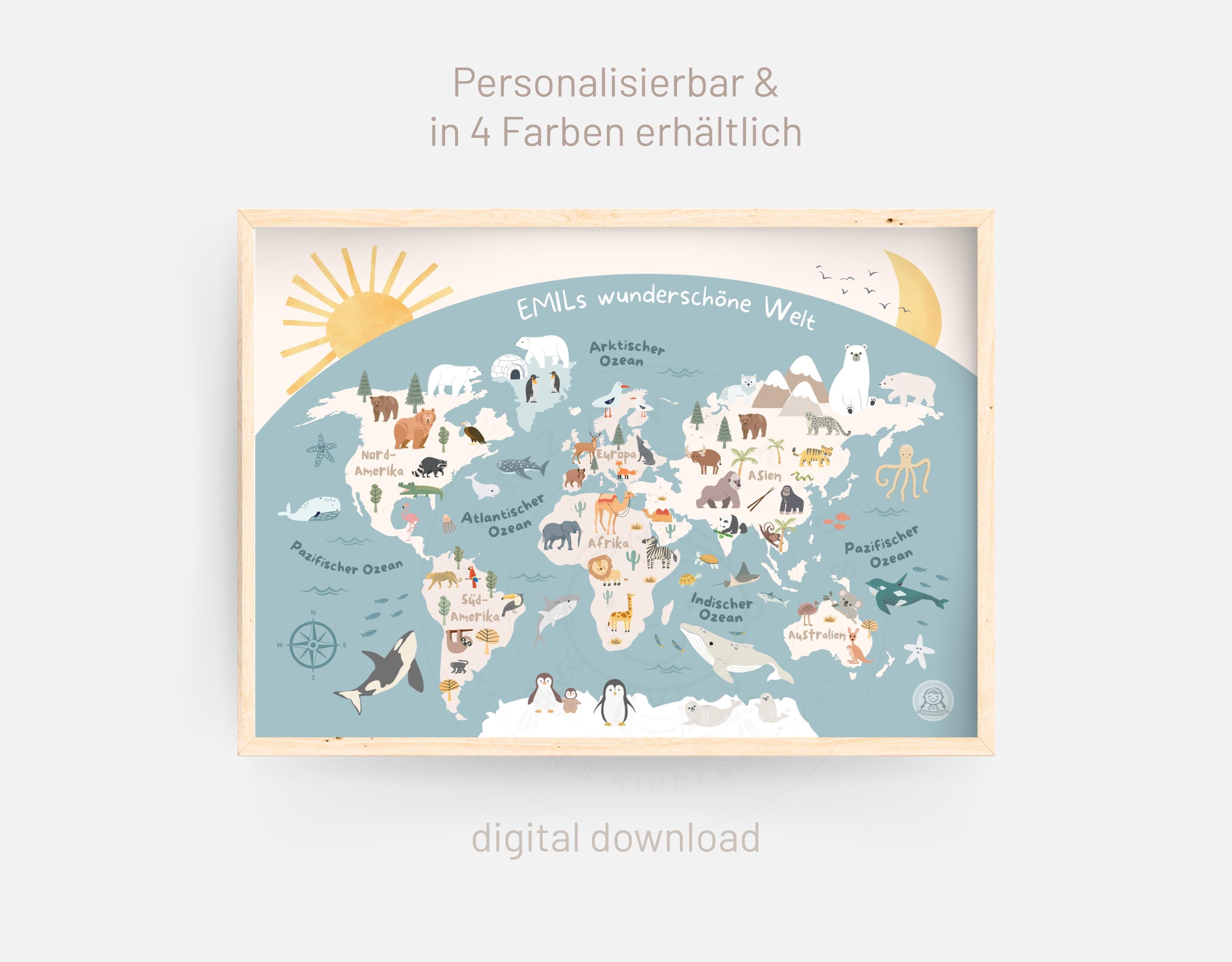 Personalized World Map for Kids' Room Boho Poster Animals for Children ...