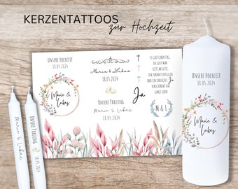 Folie für Hochzeitskerze Blumen Kranz | personalisiert als Geschenk für Brautpaar | Kerzentattoo Hochzeit Kerze basteln | Kerzensticker | A4