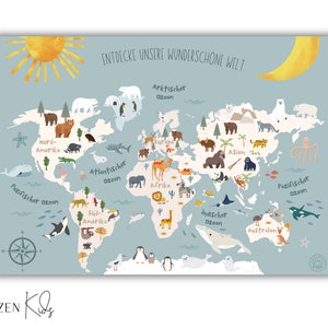 Art print world map children's room boho | Picture "world map" for children petrol | Poster