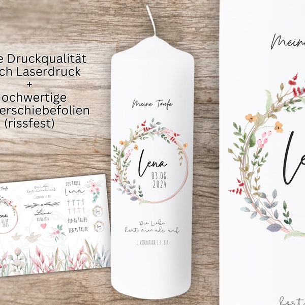 Folie für Taufkerze Blumen rosa | personalisiert als Geschenk für Taufpaten | Kerzentattoo Taufe Kerze basteln | DIY Kerze | A4