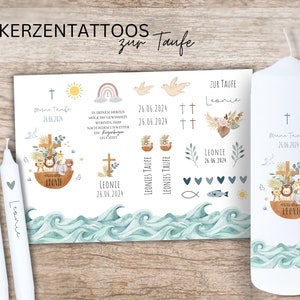 Könnte beinhalten: Ein Set Taufkerzenaufkleber mit nautischem Thema. Die Aufkleber zeigen ein Boot mit Tieren, ein Kreuz, eine Taube, einen Regenbogen und den Namen Leonie. Der Text auf den Aufklebern lautet "Leonie's Taufe" und "Zur Taufe Leonie".