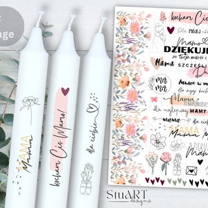 May include: Three white candles with floral designs and the text "Kocham Cię Mama!" and "dla ciebie" in Polish. The candles are surrounded by a floral pattern with pink, yellow, and green accents. The text "Kocham Cię Mama!" translates to "I love you Mom!" in English.