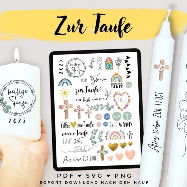 Kerzentattoos PDF Taufkerze svg Vorlage Kerzensticker Kerzen gestalten Taufkind Heilige Taufe Tauflicht Kreuz Regenbogen