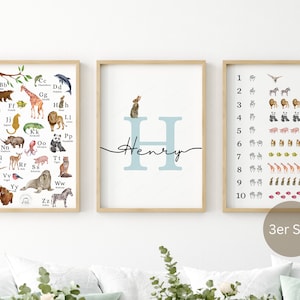 Kinderzimmer Poster Set mit Name Kinderzimmer Deko Junge Mädchen Geschenk zur Einschulung Tiere Bilder Kinder Baby/Babyzimmer personalisiert