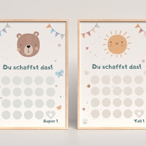 Tablero de recompensas juego de carteles infantiles 2 imágenes infantiles pdf | 2 carteles motivacionales sol | Oso "Tú puedes hacerlo"