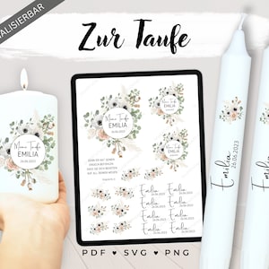 Kerzentattoo PDF Taufkerze Mädchen Taufe Kerzensticker Kerzen personalisiert Taufkind Blumen Patenkerze Gastgeschenk