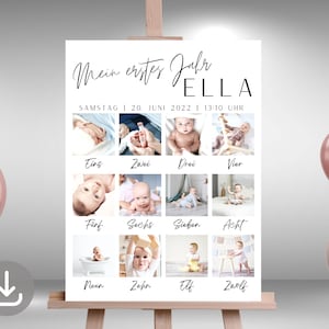 Meilensteintafel erster Geburtstag Baby, Geburtstagsposter mit Fotos, für Junge und Mädchen, Foto Collage zum ersten Geburtstag Deko