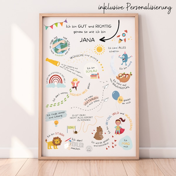 Affirmationsposter A4/ A3/ A2/ A1 Poster mit Name Affirmationen für Kinder positive Glaubenssätze Geschenke Mädchen Junge Zimmer Boho