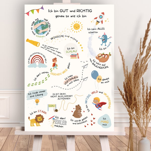 Affirmationsposter A4/ A3/ A2/ A1 Poster Affirmationen für Kinder positive Glaubenssätze Geschenke Jungs Mädchen Zimmer Boho Doodle