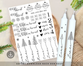 Op de afbeelding: Printbare stickers voor adventskalenders met de woorden "Advent" en "ein Lichtlein brennt" in zwarte schrijfletters. De stickers bevatten ook de nummers 1-4, sneeuwvlokken, kerstboom en harten. De woorden "Merry Christmas" zijn ook in een cirkel opgenomen.