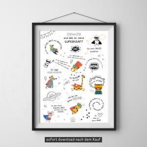 Affirmation posters for children | I am me – and this is my superpower | Superhero sayings | Nursery decorations to print out in PDF format