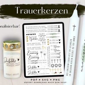 Kerzentattoo Trauerkerze pdf, Wasserschiebefolie, Grabkerze personalisiert, Gedenklicht, Kreuz