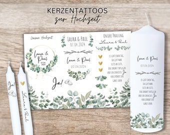 Feuille pour bougie de mariage eucalyptus | personnalisé comme cadeau pour les jeunes mariés | Fabrication de bougies de mariage de tatouage de bougie | Autocollants de bougies | A4