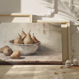 ヴィンテージの静物画、洋ナシの油絵、素朴なキッチンの壁の装飾、農家風の印刷可能な壁アート、ニュートラルなヴィンテージプリント、カントリーアート