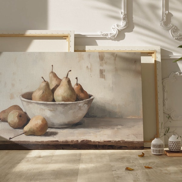 Vintage Still Life Painting, Pears Oil Painting, Rustic Kitchen Wall Decor, Farmhouse Printable Wall Art, Neutral Vintage Print, Country Art