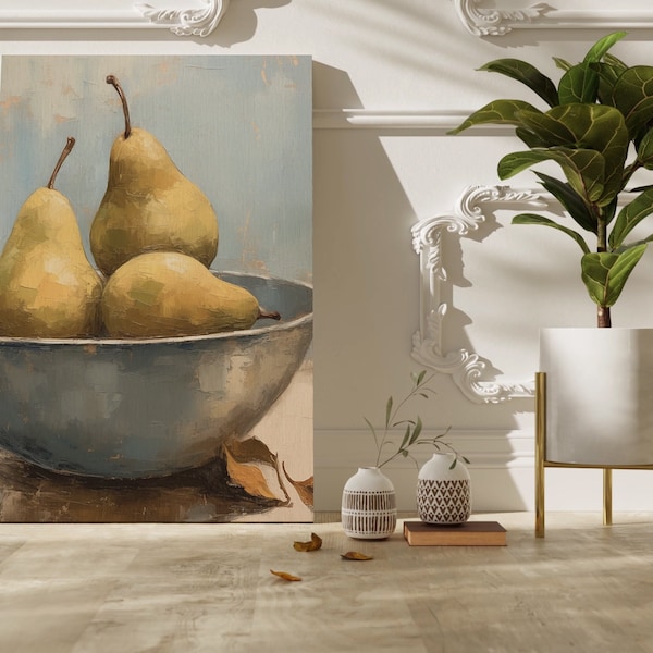 Country Kitchen Print, Pears Still Life Painting, Farmhouse Dining Room Printable Wall Art, Vintage Kitchen Painting, Bright Wall Art Print