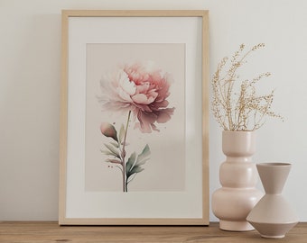 Peony Watercolor Wall Print, Pink Flower Printable Wall Art, Floral Prints, Botanical Living Room Decor, Pink Flowers Print, Peony Art
