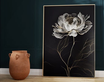 Abstract Peony Printable Painting, Flower Wall Art, Golden Peony Print, Black and White Wall Art, Abstract Print, Botanical Wall Art Print