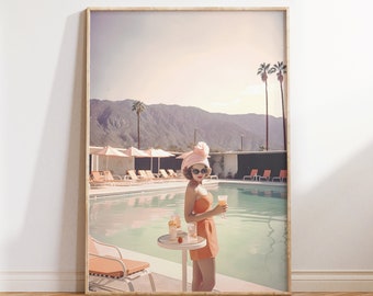 Frau trinkt Cocktail am Pool Druck, Schwimmbad in Palm Springs Wandkunst, California Hotel Digital Print, California Travel Poster