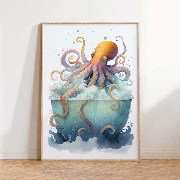 Bathroom Printable Wall Art, Octopus in the Bathtub Print, Cute Nursery Wall Decor, Kids Room Wall Art, Funny Watercolor Octopus Print