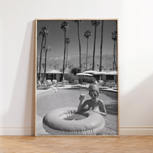 Woman Drinking Cocktail in Palm Springs Print, Black and White California Print, Palm Springs Printable Wall Art, Palm Tree Wall Decor