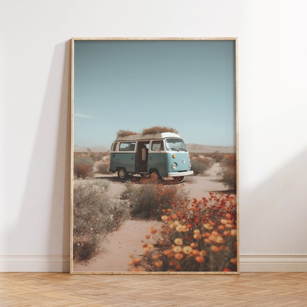 Camper Van Print, Boho Wall Art, Hippie Chic Decor, Retro VW Bus Print, Printable Wall Art, Desert Poster, Tropical Wall Art