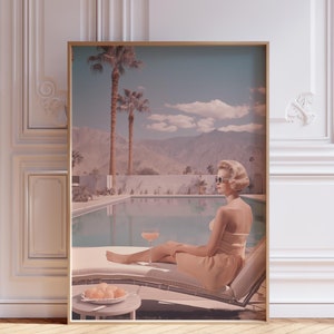 Impresión de hotel de Palm Springs, arte de piscina, impresiones de cócteles, póster de Palm Springs CA, decoración en colores pastel, póster de verano vintage
