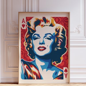 Impression Marilyn Monroe, décoration de cartes à jouer, art maximaliste, oeuvre d'art abstraite, as de pique, grande oeuvre d'art murale, affiche rétro, peinture au-dessus du lit