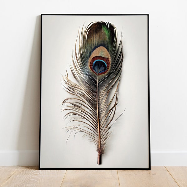 Realistic Peacock Feather Digital Print Aesthetic Wall Art Beautiful Green Nature Home Deco Printable Wall Hanging Animal Wall Print