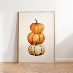 かぼちゃのプリント、秋のプリント、秋のプリント可能な壁アート、ハロウィーンの室内装飾、水彩画のかぼちゃのアートプリント、キッチンの絵、バーカートアート