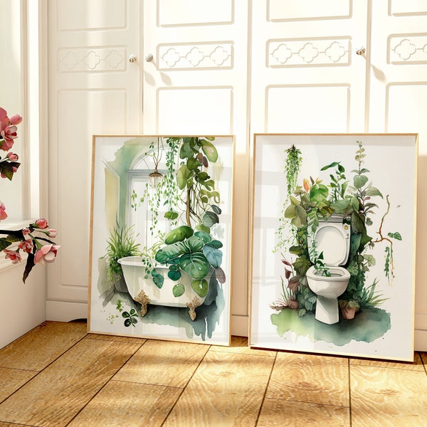 Set of 2 Botanical Bathroom Prints, Bathtub Print, Toilet Print, WC Wall Decor, Watercolor Bathroom, Green Bathroom Printable Art