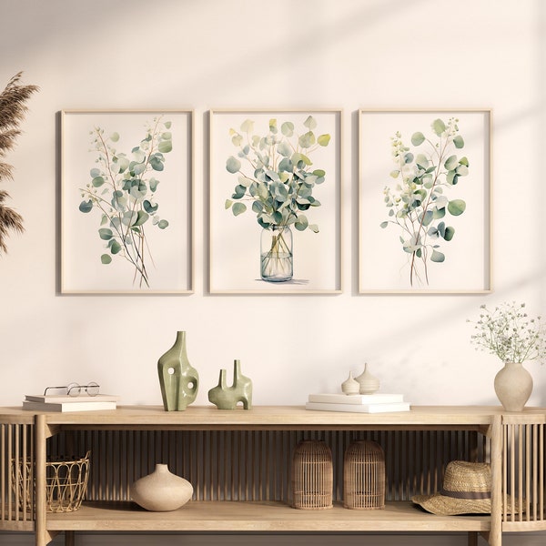 Eucalyptus Printable Wall Art, Eucalyptus Set of 3 Prints, Botanical Wall Art, Bathroom Prints, Watercolor Art Print, Green Botanical Art