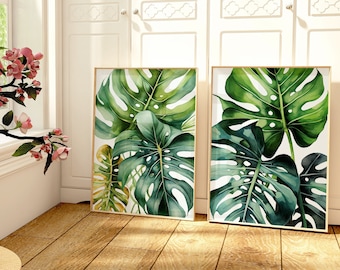 Monstera Leaves Set of 2, Tropical Leaf Print, Boho Wall Art, Boho Home Decor, Monstera Watercolor Leaf, Botanical Wall Art, Green Art Print