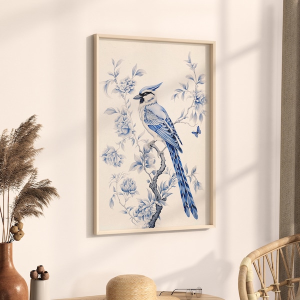 Watercolor Painting of Bird, Chinoiserie Printable Wall Art, Floral Wall Decor, Farmhouse Botanical Artwork, Blue Nursery Print, Flower Art