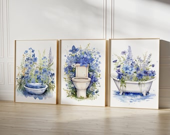 Botanical Bathroom Set of 3 Prints, Wildflower WC Print, Floral Printable Wall Art, Bathtub Art Print, Watercolor Toilet Print, Gallery Wall