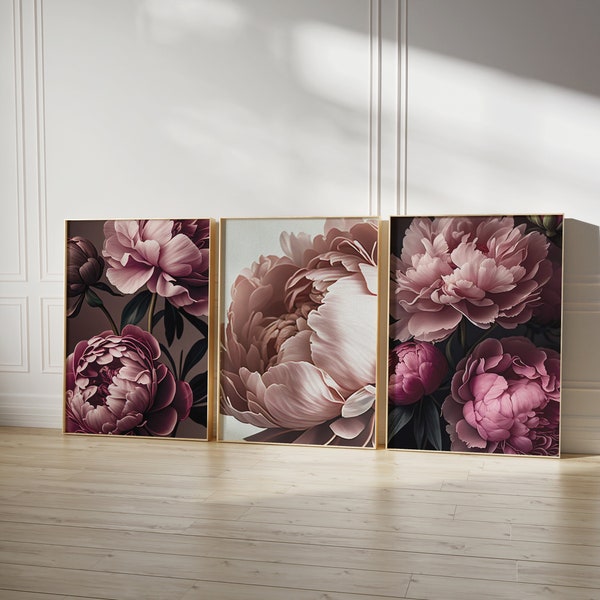 Peonies Botanical Print Set de 3, Arte de pared imprimible floral, Arte de pared de galería, Decoración moderna del hogar, Impresión de peonía rosa y negra, Arte al óleo de peonía