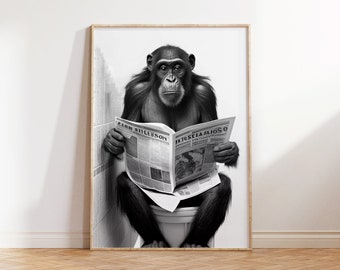 Chimpanzee on the Toilet Print, Funny Chimpanzee Wall Art, Animal Print, Chimpanzee Reading Newspaper Wall Art, Funny WC Print, Bathroom Art